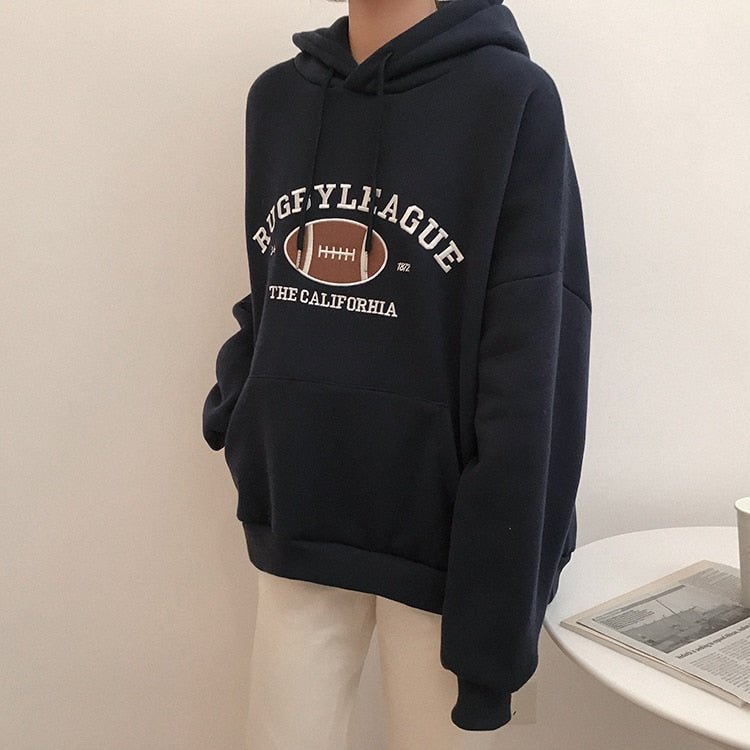 HXJJP Rugby Fleece Women Hoodie Beige Gray Blue Loose Casual Korean Style Sweatshirt Hooded Pull - Yallafit