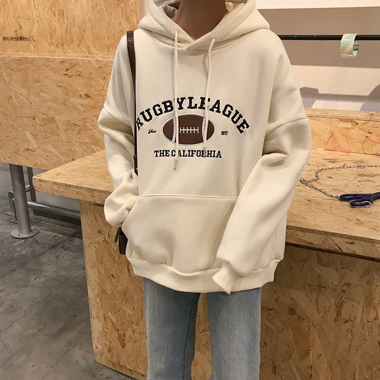 HXJJP Rugby Fleece Women Hoodie Beige Gray Blue Loose Casual Korean Style Sweatshirt Hooded Pull - Yallafit