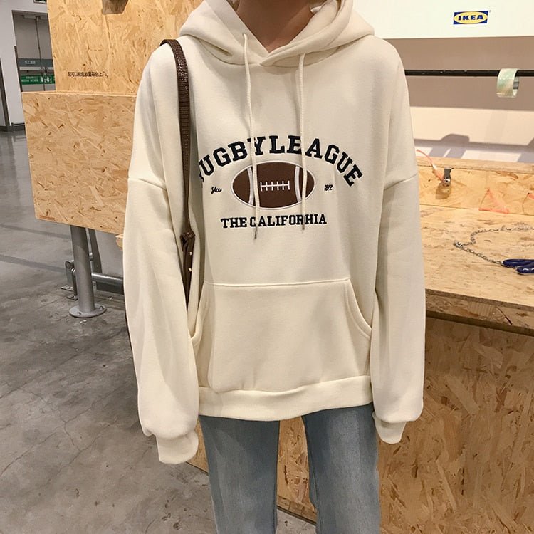 HXJJP Rugby Fleece Women Hoodie Beige Gray Blue Loose Casual Korean Style Sweatshirt Hooded Pull - Yallafit