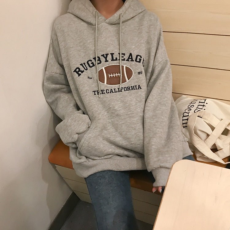 HXJJP Rugby Fleece Women Hoodie Beige Gray Blue Loose Casual Korean Style Sweatshirt Hooded Pull - Yallafit