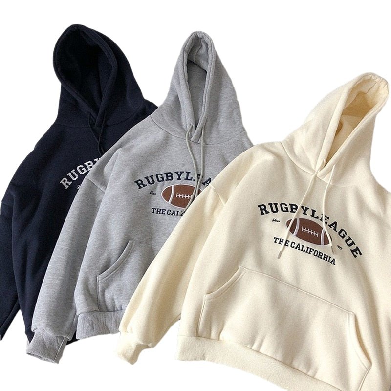 HXJJP Rugby Fleece Women Hoodie Beige Gray Blue Loose Casual Korean Style Sweatshirt Hooded Pull - Yallafit