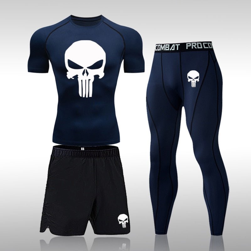 Men Compression Set MMA Long or Short Sleeve T-shirt Men's Tight Pants Fitness Bodybuilding Clothes Skull Rashguard Sports Suits - Yallafit