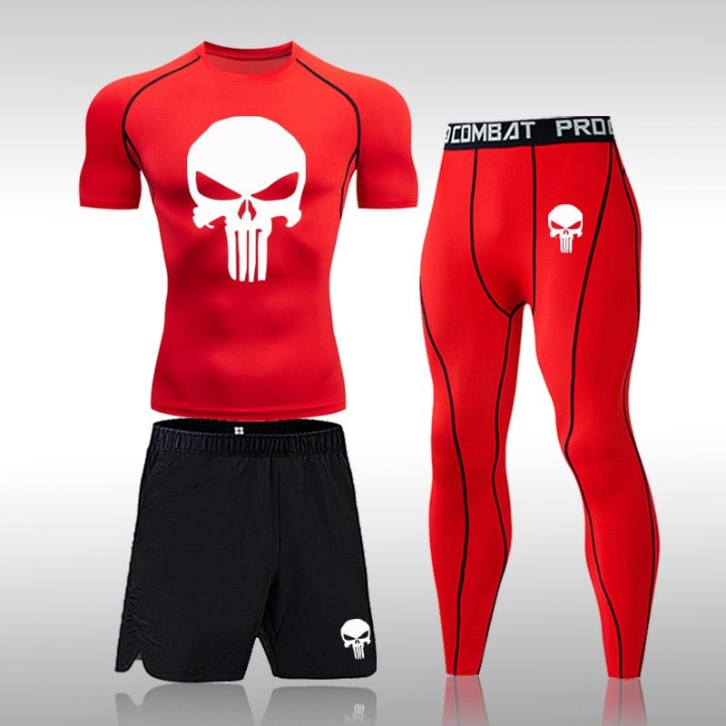 Men Compression Set MMA Long or Short Sleeve T-shirt Men's Tight Pants Fitness Bodybuilding Clothes Skull Rashguard Sports Suits - Yallafit
