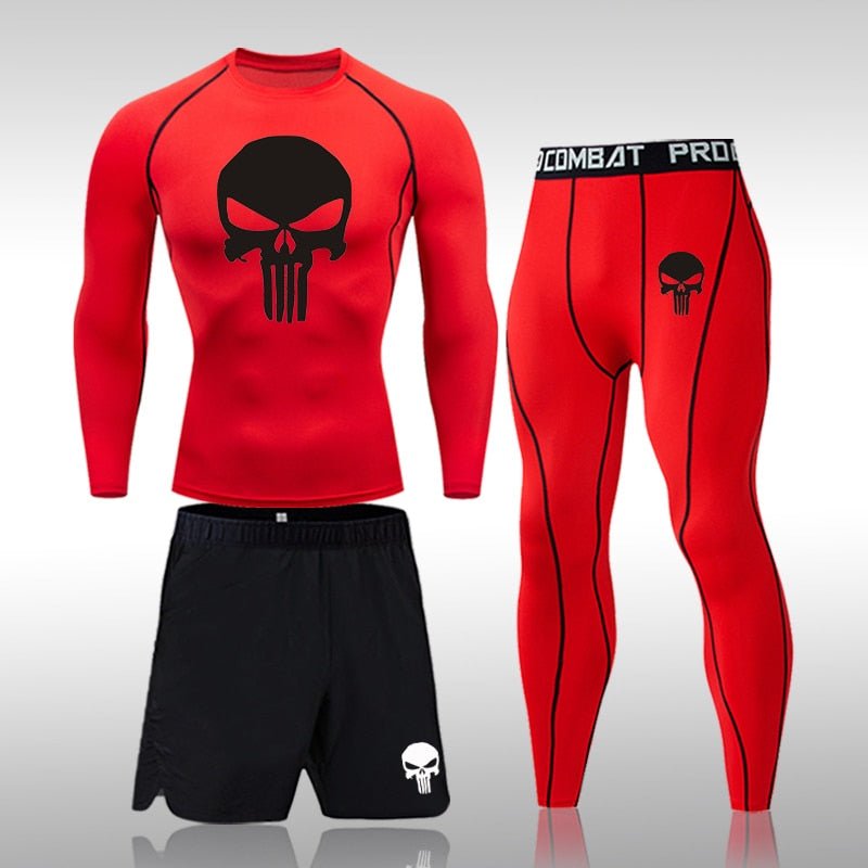 Men Compression Set MMA Long or Short Sleeve T-shirt Men's Tight Pants Fitness Bodybuilding Clothes Skull Rashguard Sports Suits - Yallafit