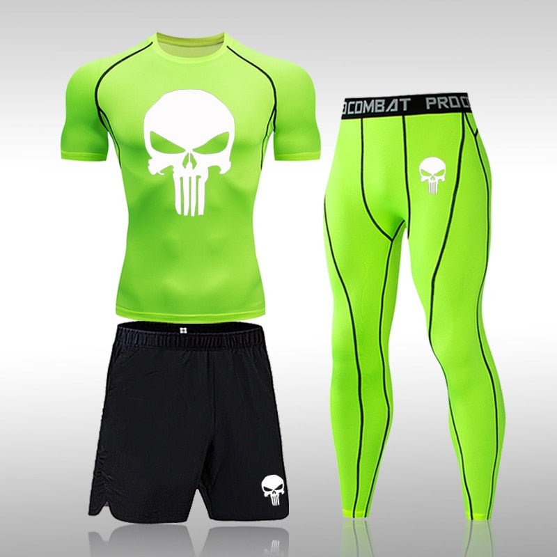 Men Compression Set MMA Long or Short Sleeve T-shirt Men's Tight Pants Fitness Bodybuilding Clothes Skull Rashguard Sports Suits - Yallafit