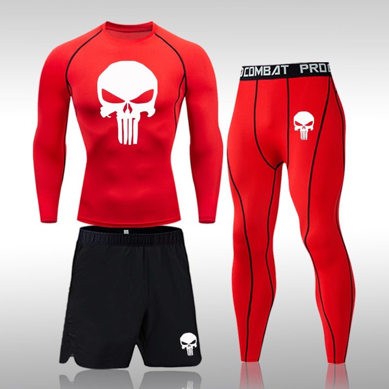 Men Compression Set MMA Long or Short Sleeve T-shirt Men's Tight Pants Fitness Bodybuilding Clothes Skull Rashguard Sports Suits - Yallafit