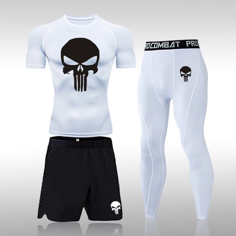Men Compression Set MMA Long or Short Sleeve T-shirt Men's Tight Pants Fitness Bodybuilding Clothes Skull Rashguard Sports Suits - Yallafit