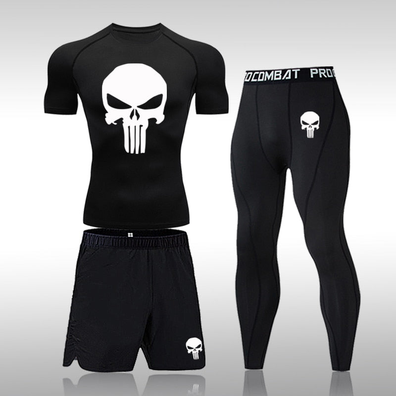 Men Compression Set MMA Long or Short Sleeve T-shirt Men's Tight Pants Fitness Bodybuilding Clothes Skull Rashguard Sports Suits - Yallafit