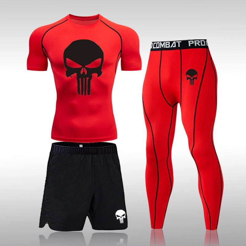 Men Compression Set MMA Long or Short Sleeve T-shirt Men's Tight Pants Fitness Bodybuilding Clothes Skull Rashguard Sports Suits - Yallafit
