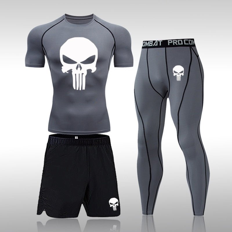 Men Compression Set MMA Long or Short Sleeve T-shirt Men's Tight Pants Fitness Bodybuilding Clothes Skull Rashguard Sports Suits - Yallafit