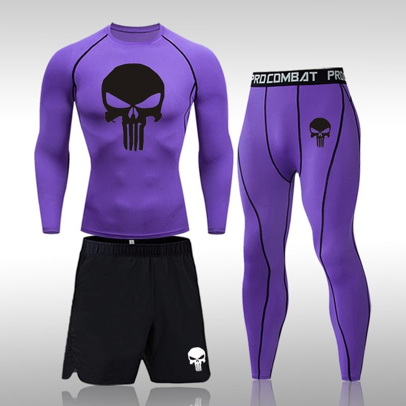 Men Compression Set MMA Long or Short Sleeve T-shirt Men's Tight Pants Fitness Bodybuilding Clothes Skull Rashguard Sports Suits - Yallafit