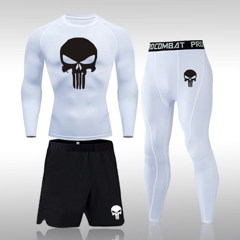 Men Compression Set MMA Long or Short Sleeve T-shirt Men's Tight Pants Fitness Bodybuilding Clothes Skull Rashguard Sports Suits - Yallafit