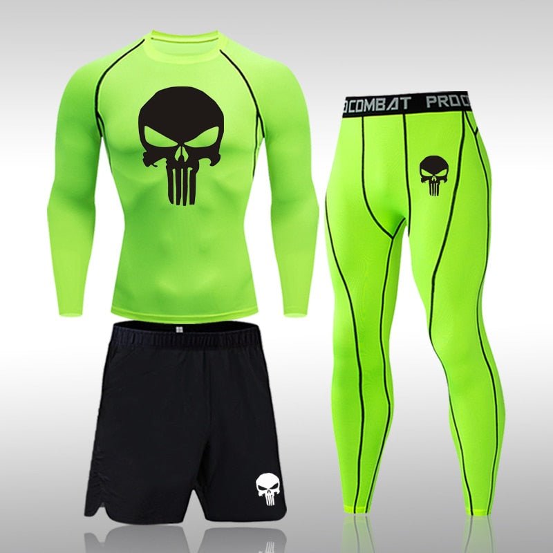 Men Compression Set MMA Long or Short Sleeve T-shirt Men's Tight Pants Fitness Bodybuilding Clothes Skull Rashguard Sports Suits - Yallafit