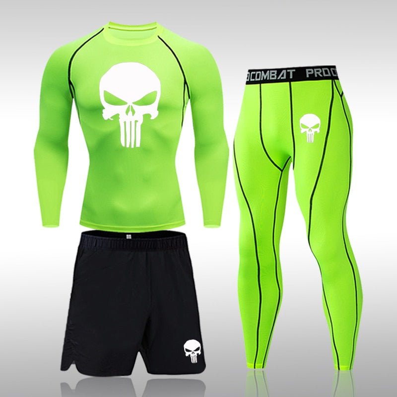 Men Compression Set MMA Long or Short Sleeve T-shirt Men's Tight Pants Fitness Bodybuilding Clothes Skull Rashguard Sports Suits - Yallafit