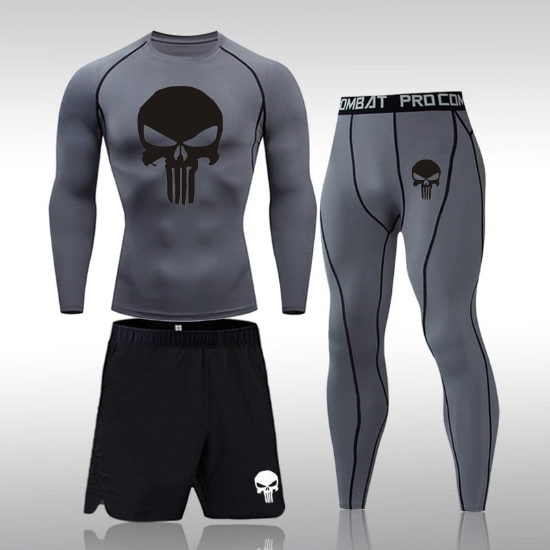 Men Compression Set MMA Long or Short Sleeve T-shirt Men's Tight Pants Fitness Bodybuilding Clothes Skull Rashguard Sports Suits - Yallafit