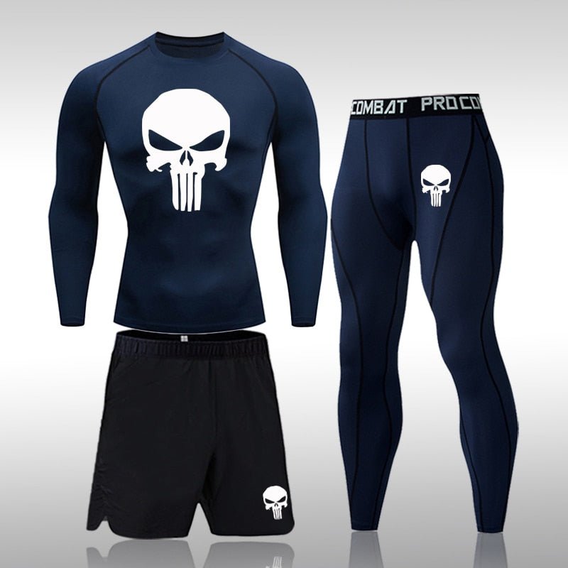 Men Compression Set MMA Long or Short Sleeve T-shirt Men's Tight Pants Fitness Bodybuilding Clothes Skull Rashguard Sports Suits - Yallafit
