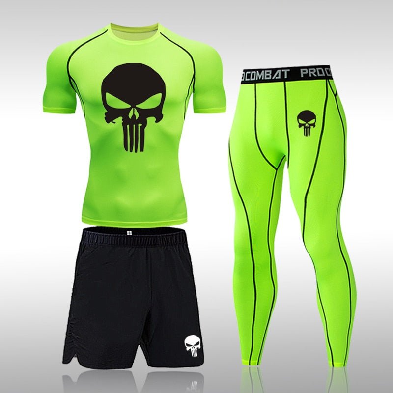 Men Compression Set MMA Long or Short Sleeve T-shirt Men's Tight Pants Fitness Bodybuilding Clothes Skull Rashguard Sports Suits - Yallafit