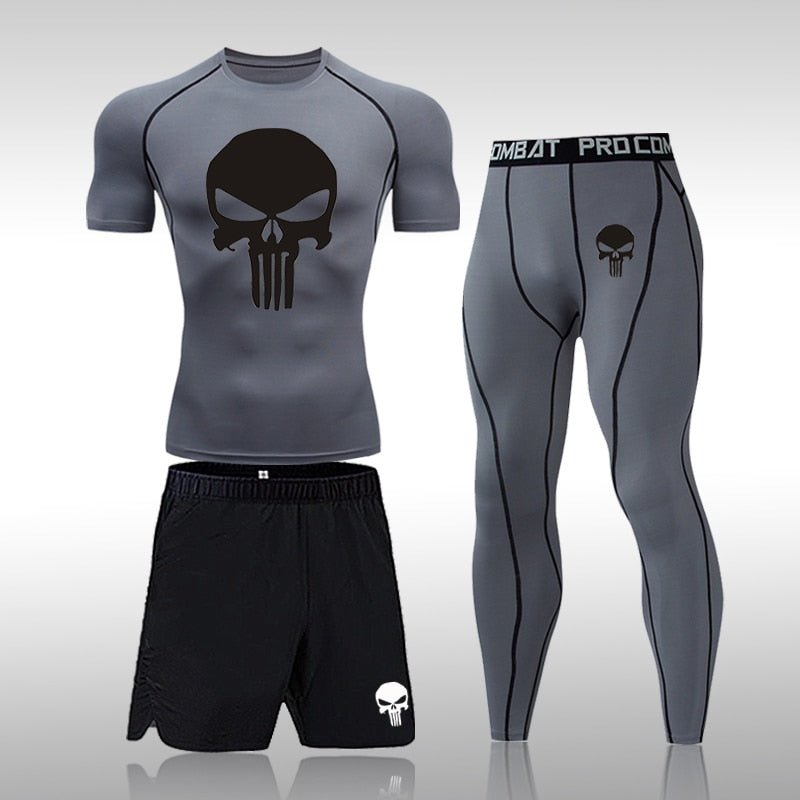 Men Compression Set MMA Long or Short Sleeve T-shirt Men's Tight Pants Fitness Bodybuilding Clothes Skull Rashguard Sports Suits - Yallafit