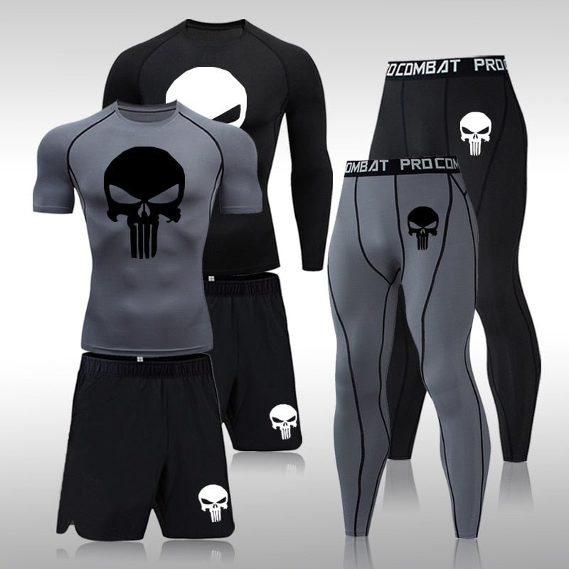Men Compression Set MMA Long or Short Sleeve T-shirt Men's Tight Pants Fitness Bodybuilding Clothes Skull Rashguard Sports Suits - Yallafit