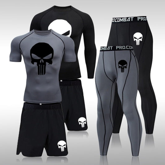 Men Compression Set MMA Long or Short Sleeve T-shirt Men's Tight Pants Fitness Bodybuilding Clothes Skull Rashguard Sports Suits - Yallafit
