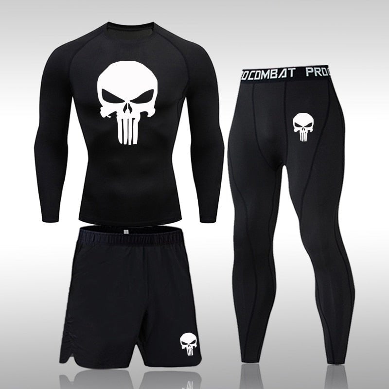 Men Compression Set MMA Long or Short Sleeve T-shirt Men's Tight Pants Fitness Bodybuilding Clothes Skull Rashguard Sports Suits - Yallafit