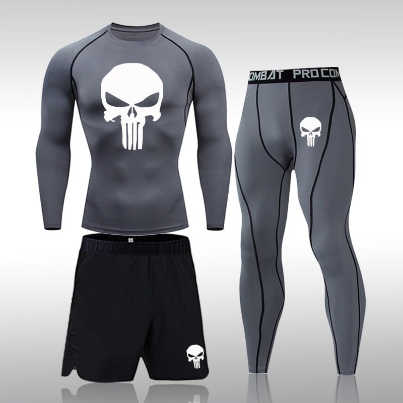 Men Compression Set MMA Long or Short Sleeve T-shirt Men's Tight Pants Fitness Bodybuilding Clothes Skull Rashguard Sports Suits - Yallafit