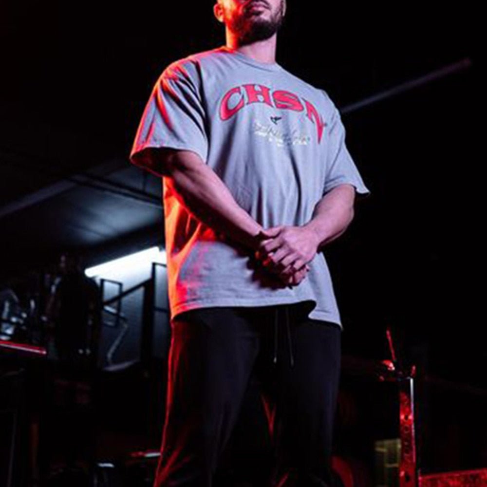 Men New Oversized Loose Comfortable Sports T-shirt Summer Cotton Gym Fitness Bodybuilding Workout Shirts Short Sleeves Tees Top - Yallafit