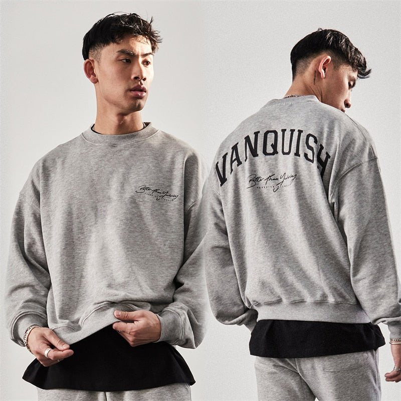 Men Oversized Pullover Sweatshirt Cotton Round Neck Loose Long Sleeve Fashion Men Clothing Gym Running Training Bodybuilding Top - Yallafit 0