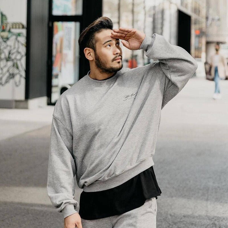 Men Oversized Pullover Sweatshirt Cotton Round Neck Loose Long Sleeve Fashion Men Clothing Gym Running Training Bodybuilding Top - Yallafit 0