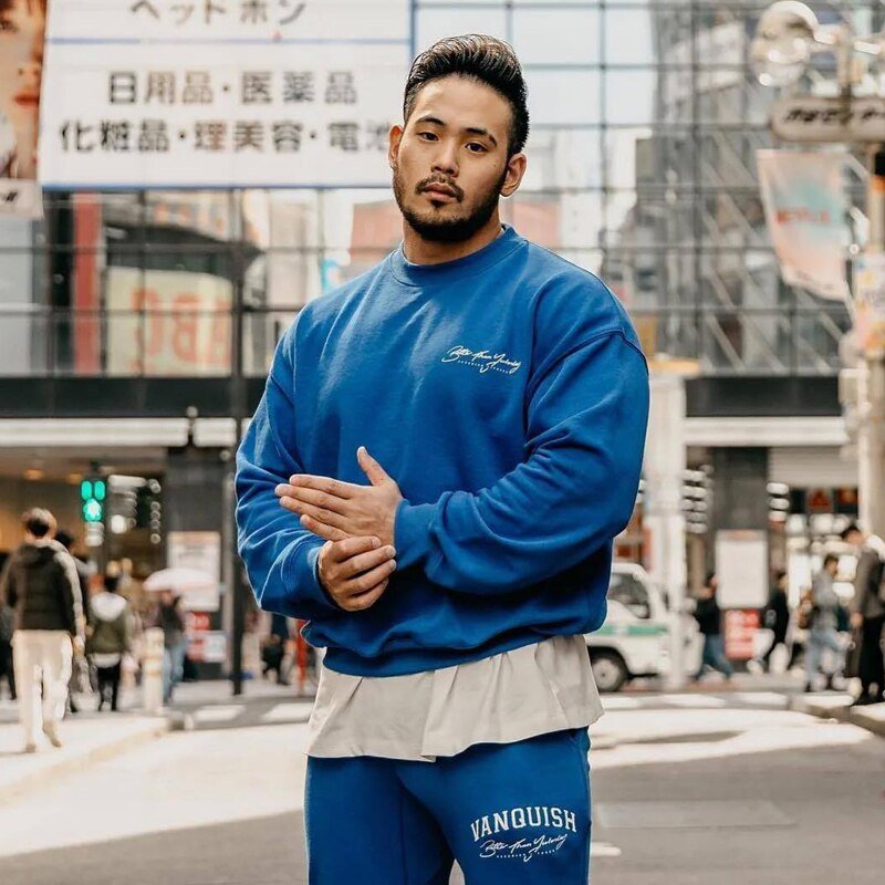 Men Oversized Pullover Sweatshirt Cotton Round Neck Loose Long Sleeve Fashion Men Clothing Gym Running Training Bodybuilding Top - Yallafit 0