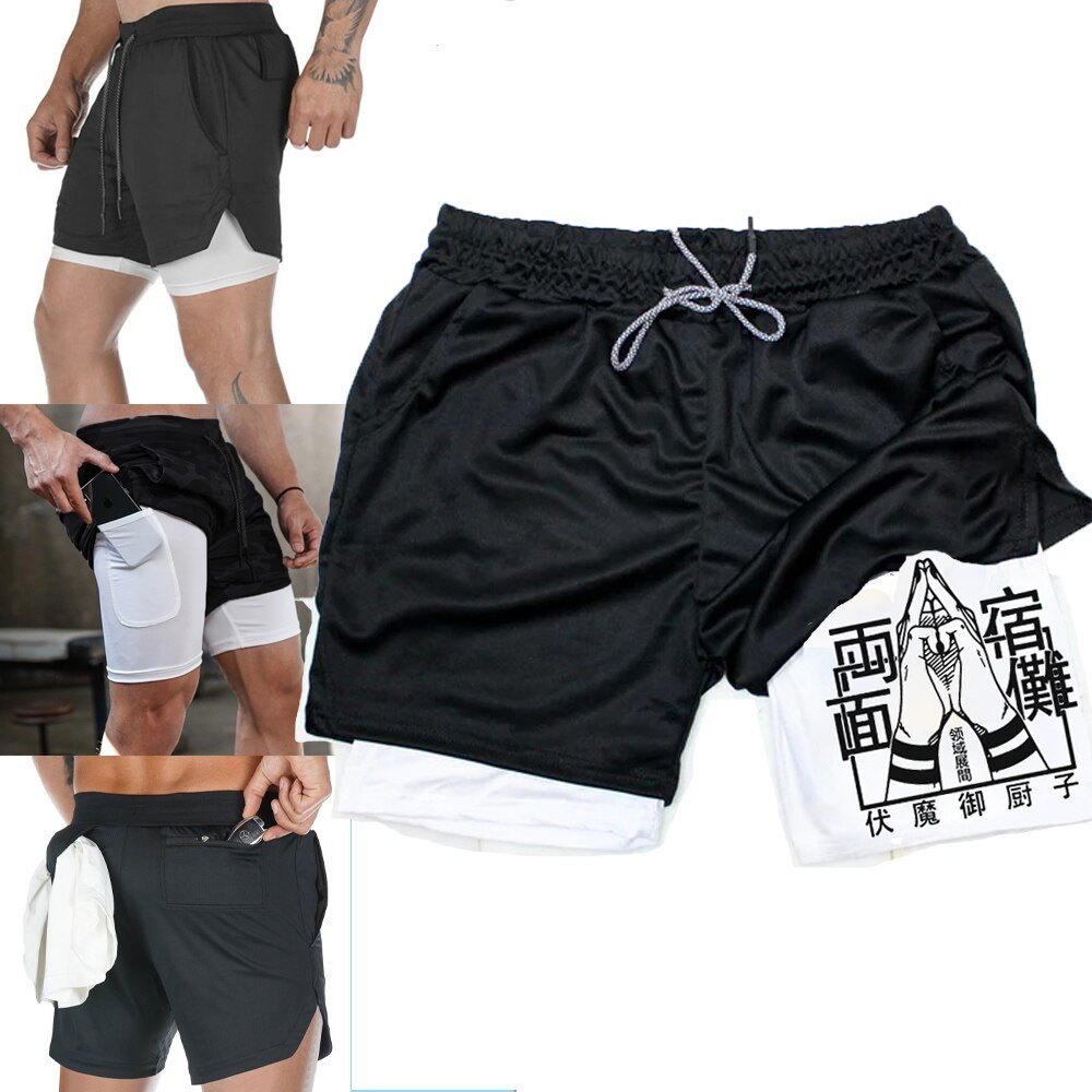 Men Running Shorts Summer Anime Jujutsu Kaisen Sportswear Short Pant 2 In 1 Training Workout Male Gym Fitness Sport Shorts - Yallafit