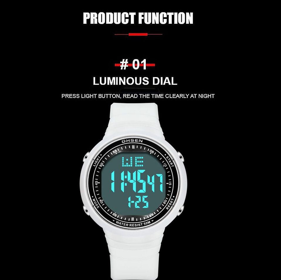 OHSEN Digital LCD Sport Men Wristwatch Relogio Masculino 50M Waterproof Alarm Date Rubber Fashion White Outdoor Sport Watch Gift - Yallafit 0
