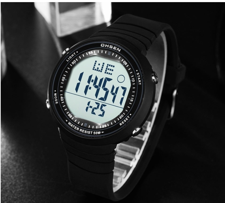 OHSEN Digital LCD Sport Men Wristwatch Relogio Masculino 50M Waterproof Alarm Date Rubber Fashion White Outdoor Sport Watch Gift - Yallafit 0