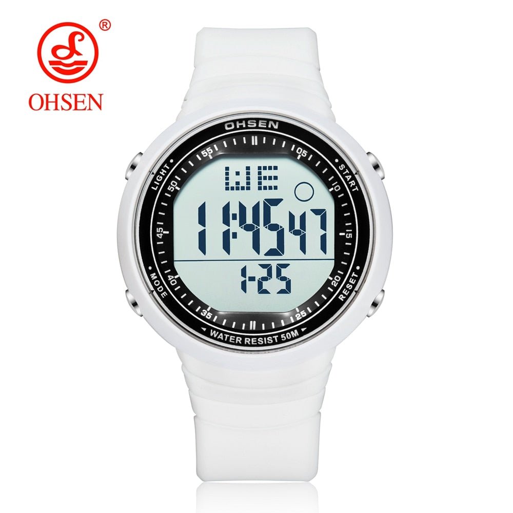 OHSEN Digital LCD Sport Men Wristwatch Relogio Masculino 50M Waterproof Alarm Date Rubber Fashion White Outdoor Sport Watch Gift - Yallafit 0