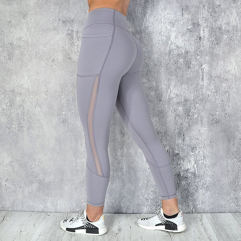 Pocket Solid Sport Yoga Pants High Waist Mesh Sport Leggings Fitness Women Yoga Leggings Training Running Pants Sportswear Women - Yallafit 0