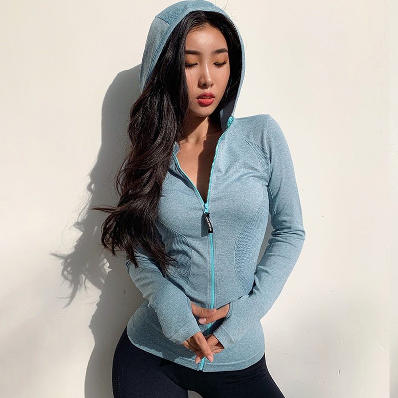 Running Jacket Women Hoodie Yoga Shirts Zipper Sportswear with Thumb Stretch Energy Seamless Sport Fitness Gym Tops Long Sleeves - Yallafit 0