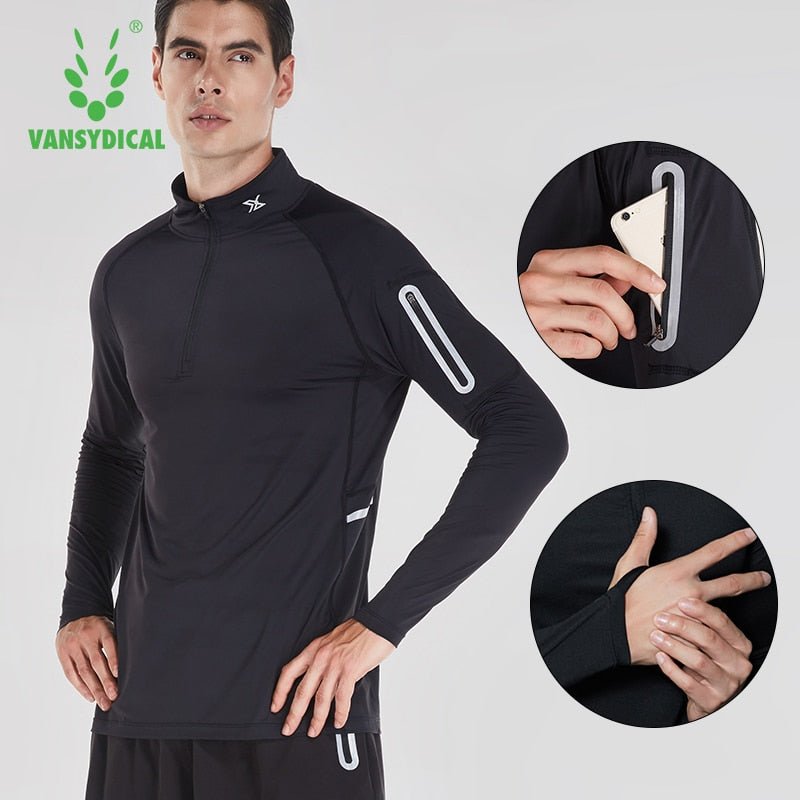 Running Shirt Men Zipper Pullover Madarin Collar Long Sleeve with Pocket Sports Active Wear for Gym Clothing Workout Shirt Male - Yallafit 0