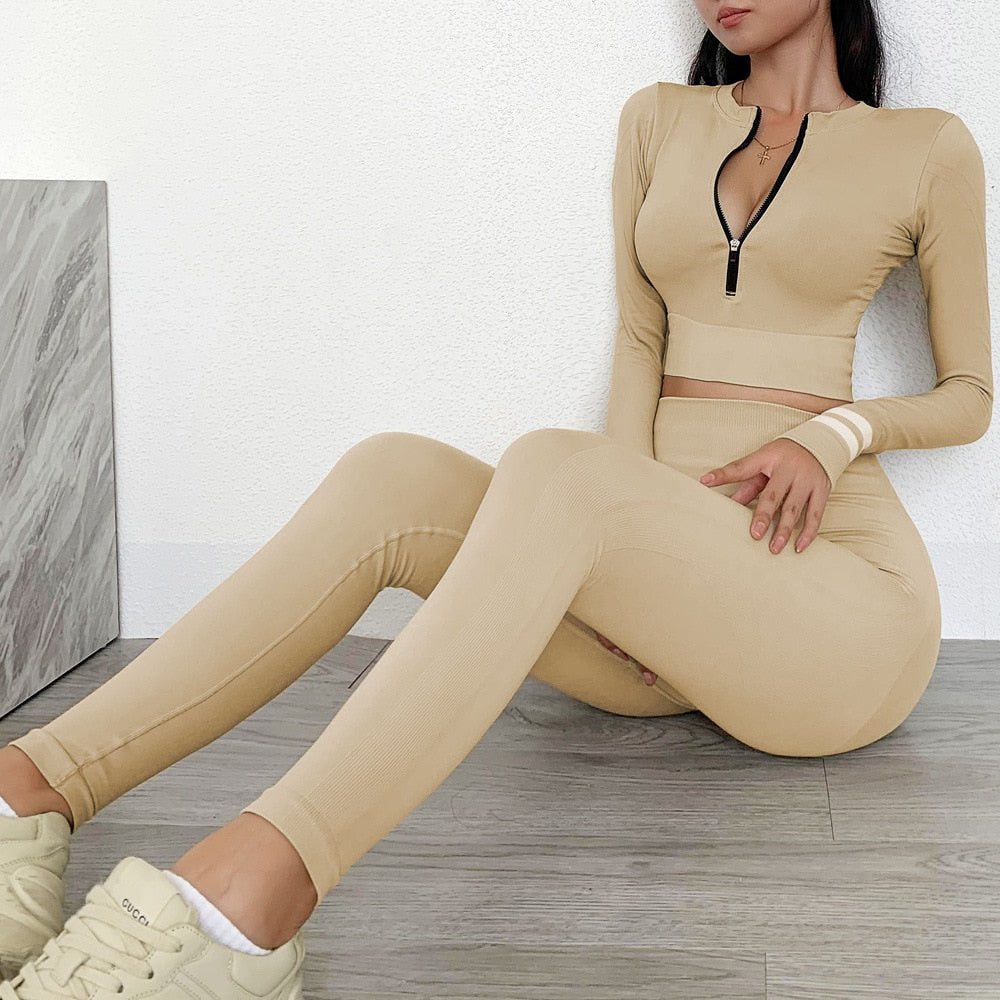 Seamless Sets Women Yoga Sets Sports Long Sleeve Suit with Zipper Coat and High Waisted Sports Pants Khaki Sets Active Wear - Yallafit 0