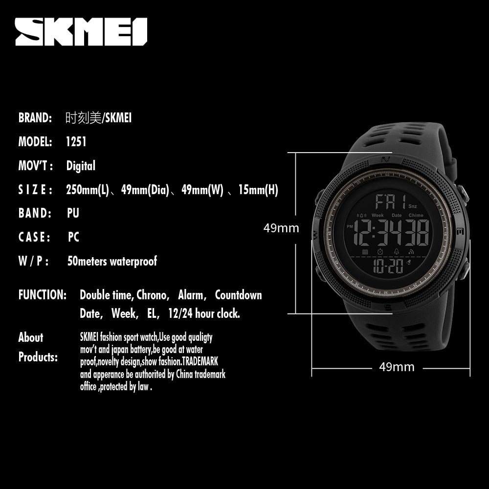 SKMEI Brand Men Sports Watches Fashion Chronos Countdown Waterproof LED Digital Watch Man Military Wrist Watch Relogio Masculino - Yallafit 0