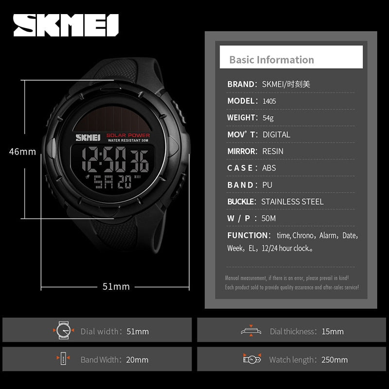 SKMEI Men Luminous Watches Sport Digital Mens Wristwatches Solar For Power Enviormentally Alarm Male Clock reloj hombre 1405 - Yallafit 0