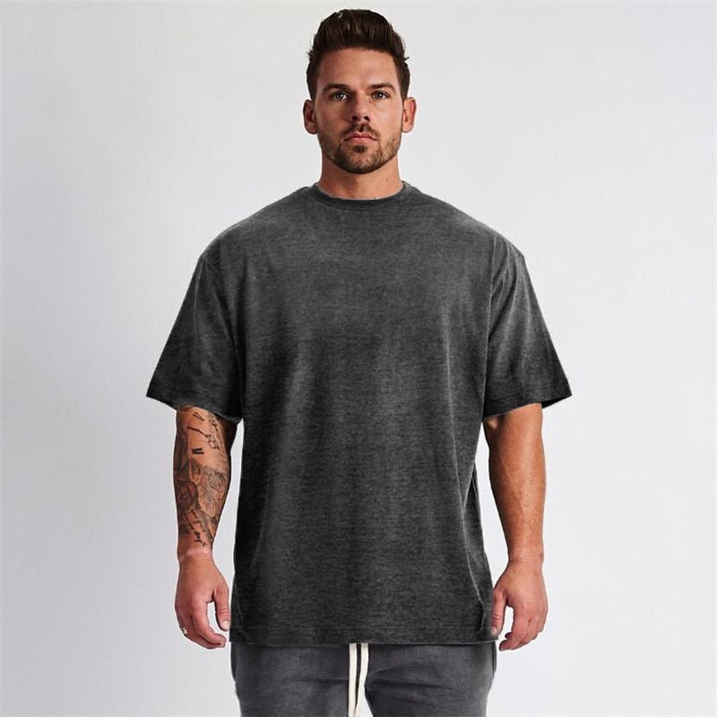 Solid Oversized T shirt Men Bodybuilding and Fitness Tops Casual Lifestyle Gym Wear T-shirt Male Loose Streetwear Hip-Hop Tshirt - Yallafit