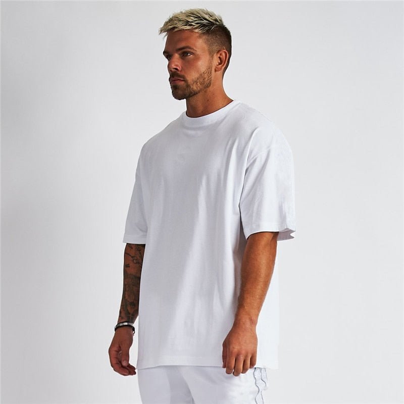 Solid Oversized T shirt Men Bodybuilding and Fitness Tops Casual Lifestyle Gym Wear T-shirt Male Loose Streetwear Hip-Hop Tshirt - Yallafit