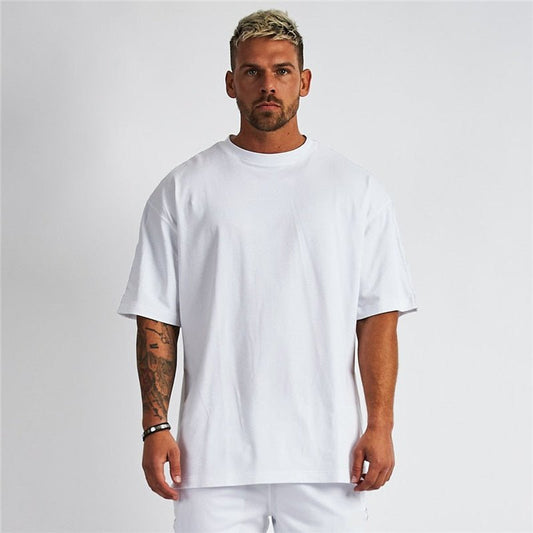 Solid Oversized T shirt Men Bodybuilding and Fitness Tops Casual Lifestyle Gym Wear T-shirt Male Loose Streetwear Hip-Hop Tshirt - Yallafit