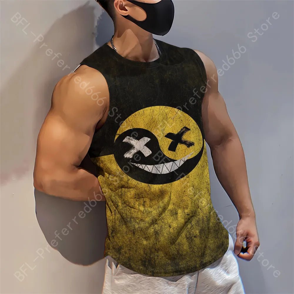 Summer Men Gym Tank Tops Mesh Running Sport Fitness Sleeveless Shirt Smile 3D Printed Vintage Quick Dry Singlets Men's Clothing - Yallafit
