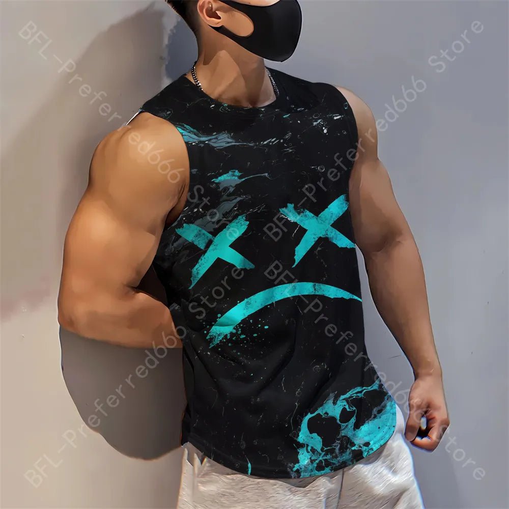 Summer Men Gym Tank Tops Mesh Running Sport Fitness Sleeveless Shirt Smile 3D Printed Vintage Quick Dry Singlets Men's Clothing - Yallafit