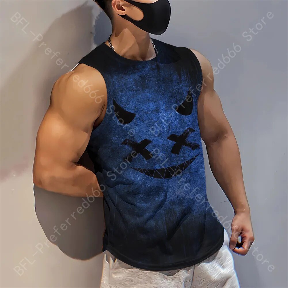 Summer Men Gym Tank Tops Mesh Running Sport Fitness Sleeveless Shirt Smile 3D Printed Vintage Quick Dry Singlets Men's Clothing - Yallafit