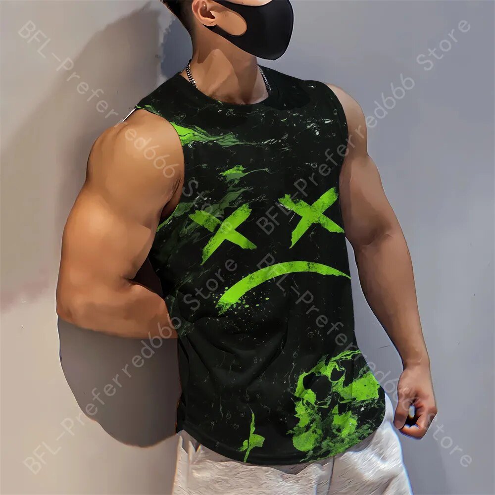 Summer Men Gym Tank Tops Mesh Running Sport Fitness Sleeveless Shirt Smile 3D Printed Vintage Quick Dry Singlets Men's Clothing - Yallafit