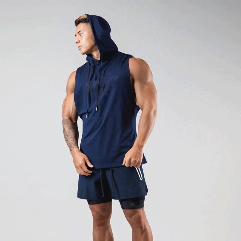 Summer Sleeveless Hoodie Gym Men's Vest Sports Bodybuilding Fitness Navy Blue Sports Vest Basketball Fashion Slim Casual Tops - Yallafit 0