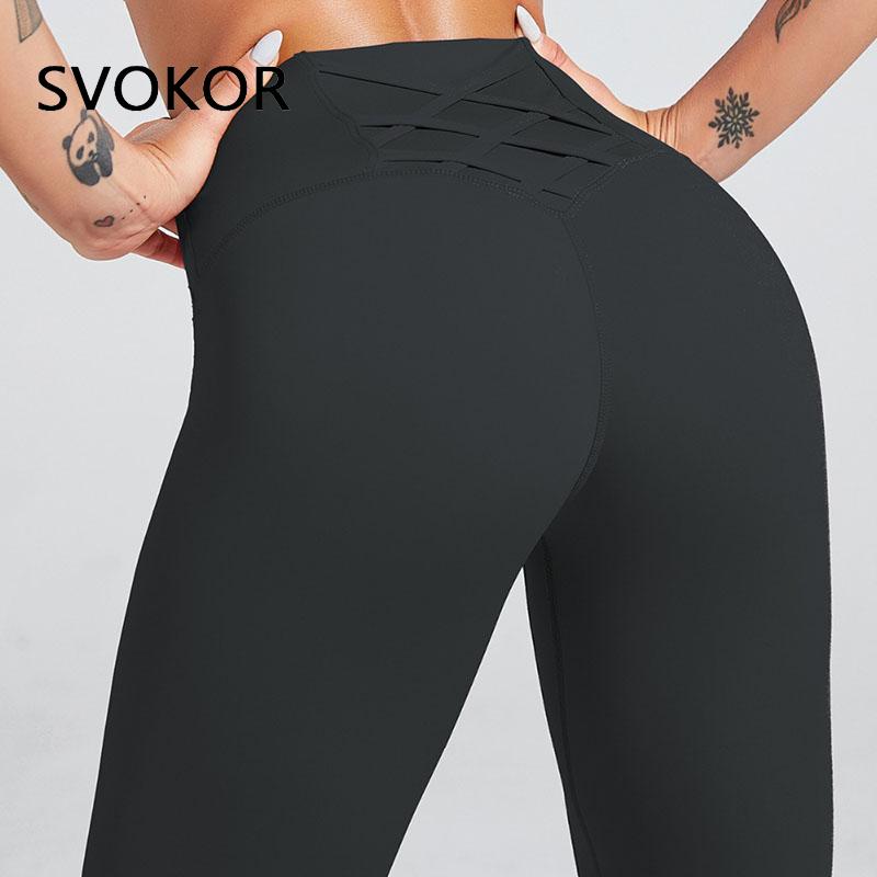SVOKOR High waist Cross Leggings Women Solid Fitness Workout Pants Slim Fit Sport Push Up Leggings - Yallafit 0
