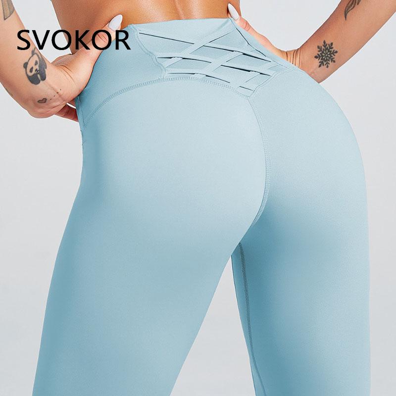 SVOKOR High waist Cross Leggings Women Solid Fitness Workout Pants Slim Fit Sport Push Up Leggings - Yallafit 0